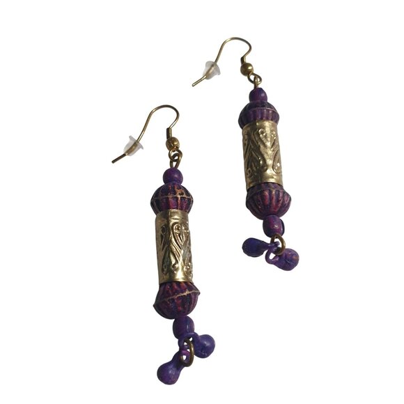 Vintage Handcrafted Brass Purple Beaded Dangle Earrings Boho Bali Core Design - Picture 4 of 7